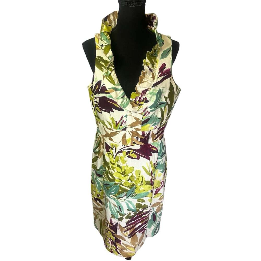 Madison Leigh Floral Linen Blend Sheath Dress Sz 12 Ruffle Neck Stand Up Collar